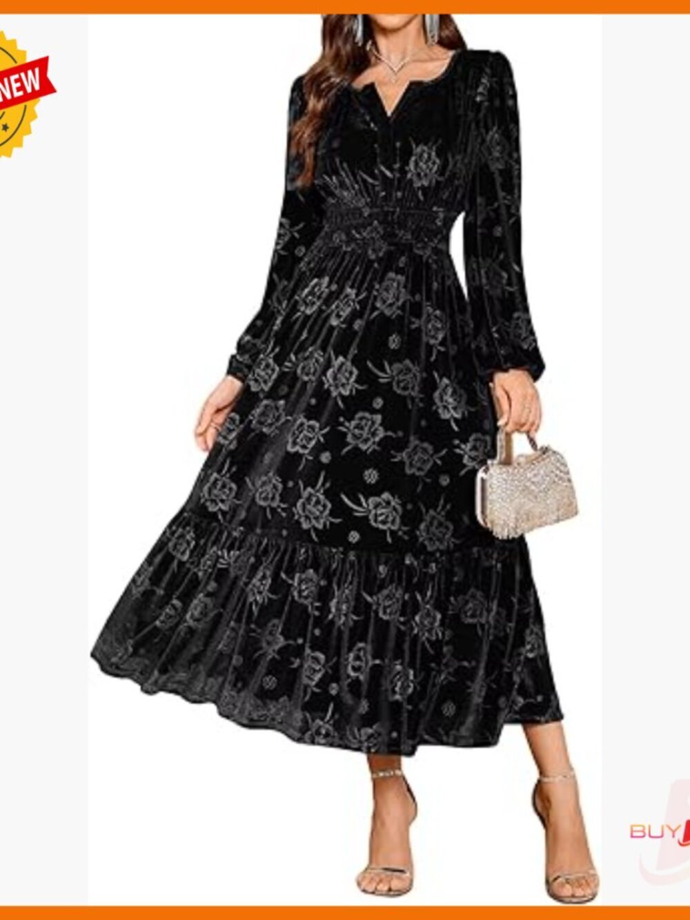 Velvet Maxi Dress Long Sleeve V-Neck Formal Wedding Guest Cocktail